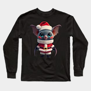 Red Cute Illustration Christmas Dabbing Bat Santa Long Sleeve T-Shirt